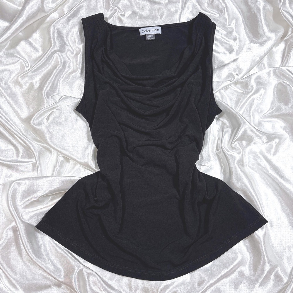 Vintage Calvin Klein Tank Top Black Excellent Cowl Neck Sleeveless Draped Blouse